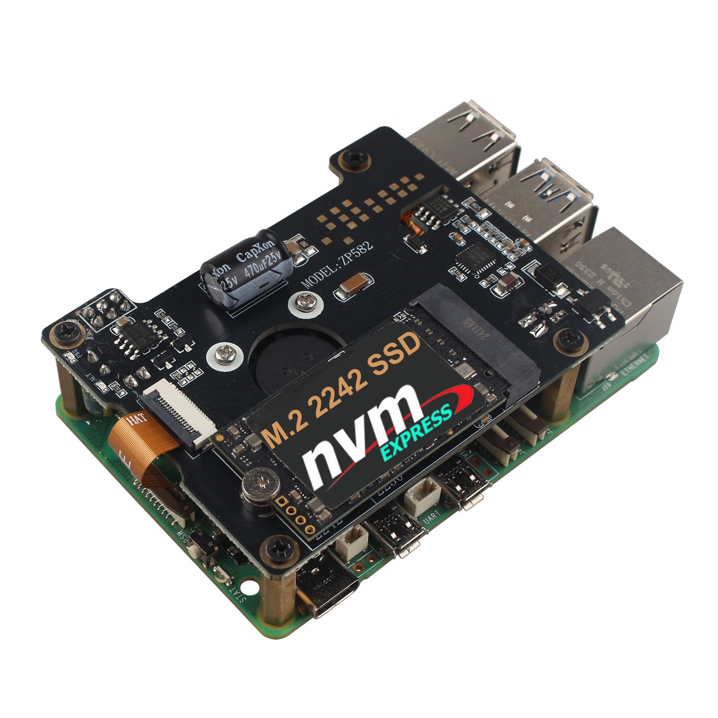 ZDE ZP582 PoE HAT PCIe to M.2 Key-M NVMe SSD Adapter Board with Onboard Cooling Fan