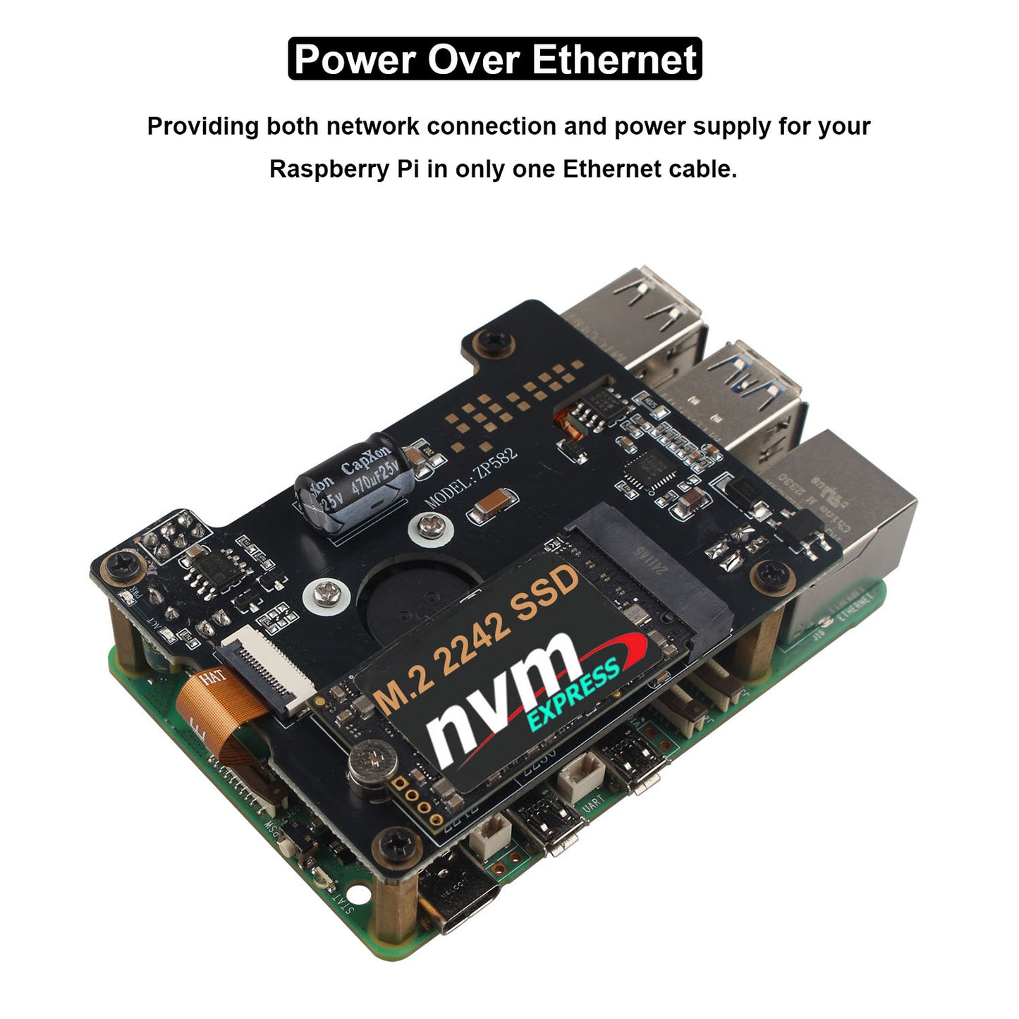 ZDE ZP582 PoE HAT PCIe to M.2 Key-M NVMe SSD Adapter Board with Onboard Cooling Fan
