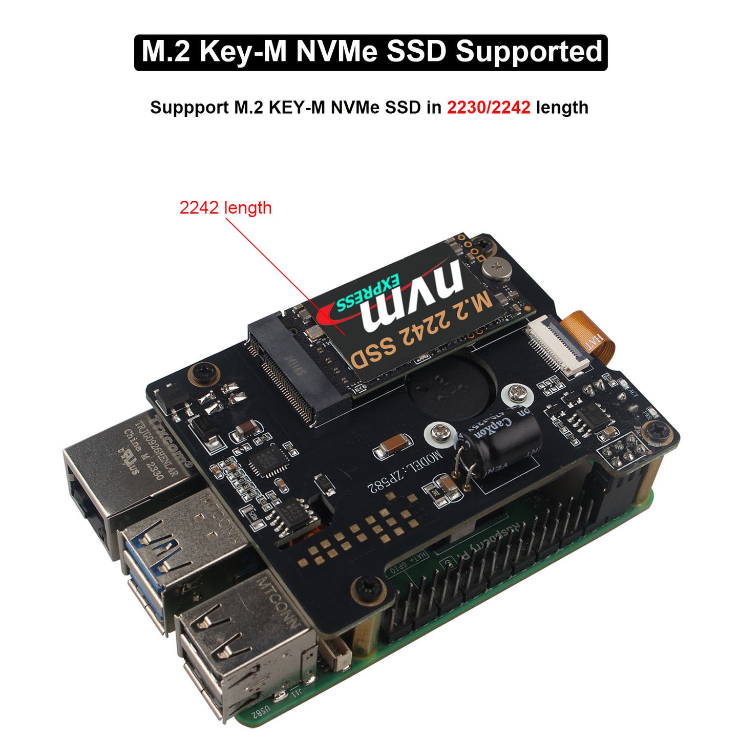 ZDE ZP582 PoE HAT PCIe to M.2 Key-M NVMe SSD Adapter Board with Onboard Cooling Fan