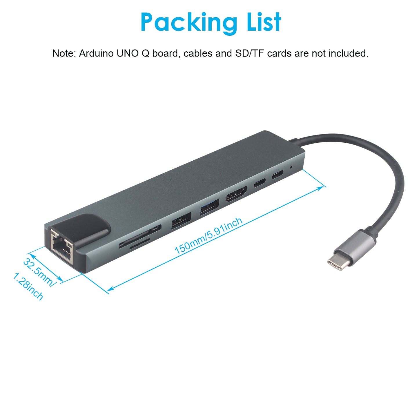 ZDE ZQ100 USB C HUB for Arduino UNO Q 8 in 1 Expansion Docking Station Kit 4K HDMI, 100W PD, 2 USB-A, Ethernet, SD/TF Card Reader, Multiport Adapter for Development Boards Laptops PC MacBook Pro/Air