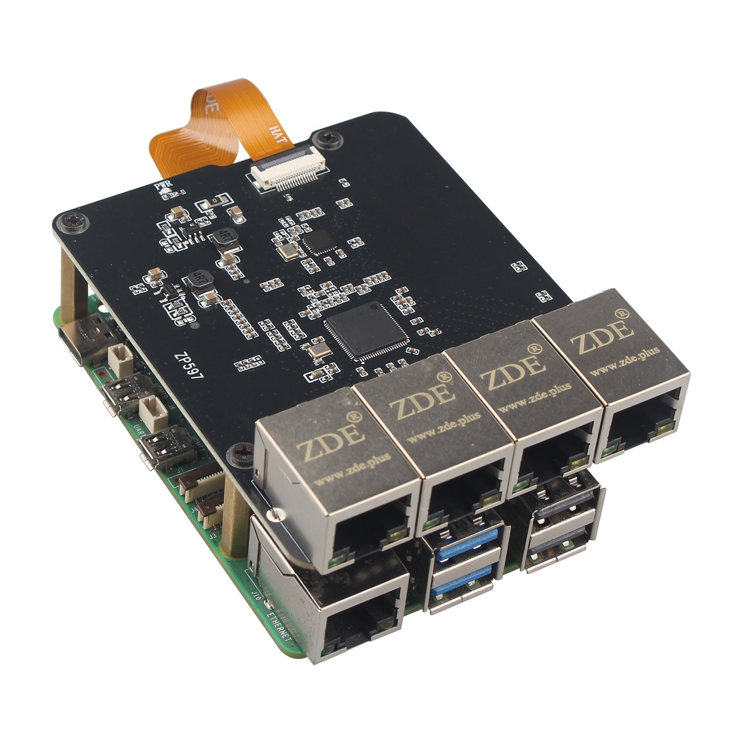ZDE ZP597 PCIe to 4 Ports 1G Gigabit 1000M Ethernet Network HAT Adapter Expansion Board for Raspberry Pi 5