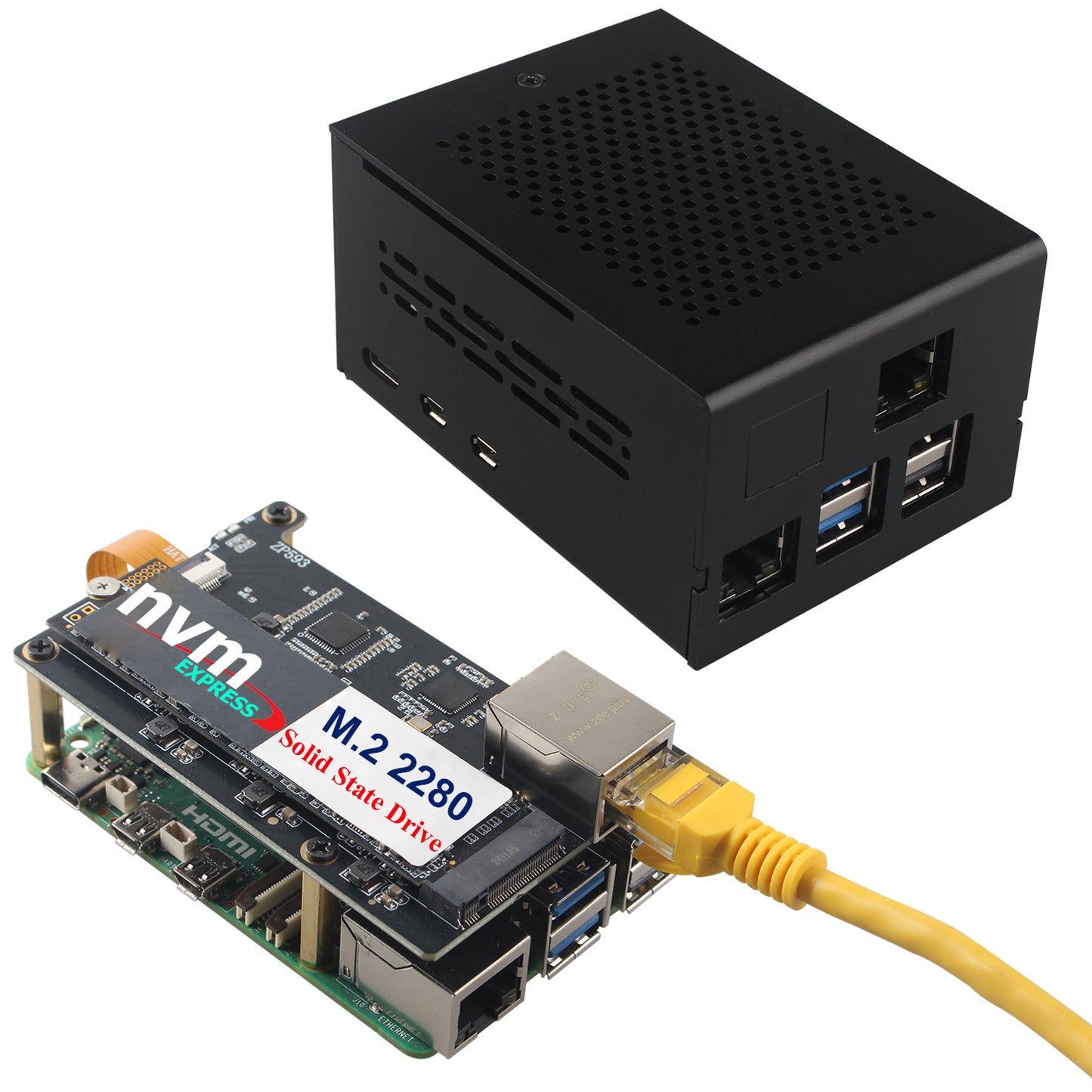 ZDE ZP593 PCIe to 2.5G Ethernet Port PCIe to M.2 Key-M NVMe SSD HAT Expansion Board with ZC506 Aluminum Case for Raspberry Pi 5 2GB/4GB/8GB/16GB