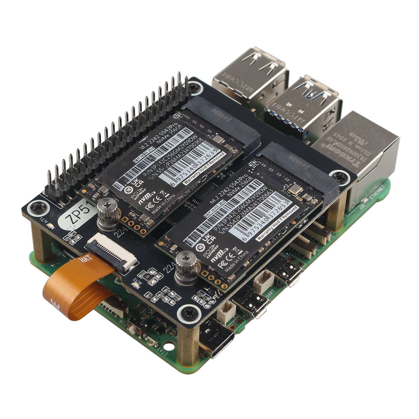 ZDE ZP518 PCIe to Dual M.2 HAT Key-M NVMe SSD PCIe Peripheral Board Solid State Drive Adapter Board for Raspberry Pi 5 Support M.2 NVMe SSD 2230 2242