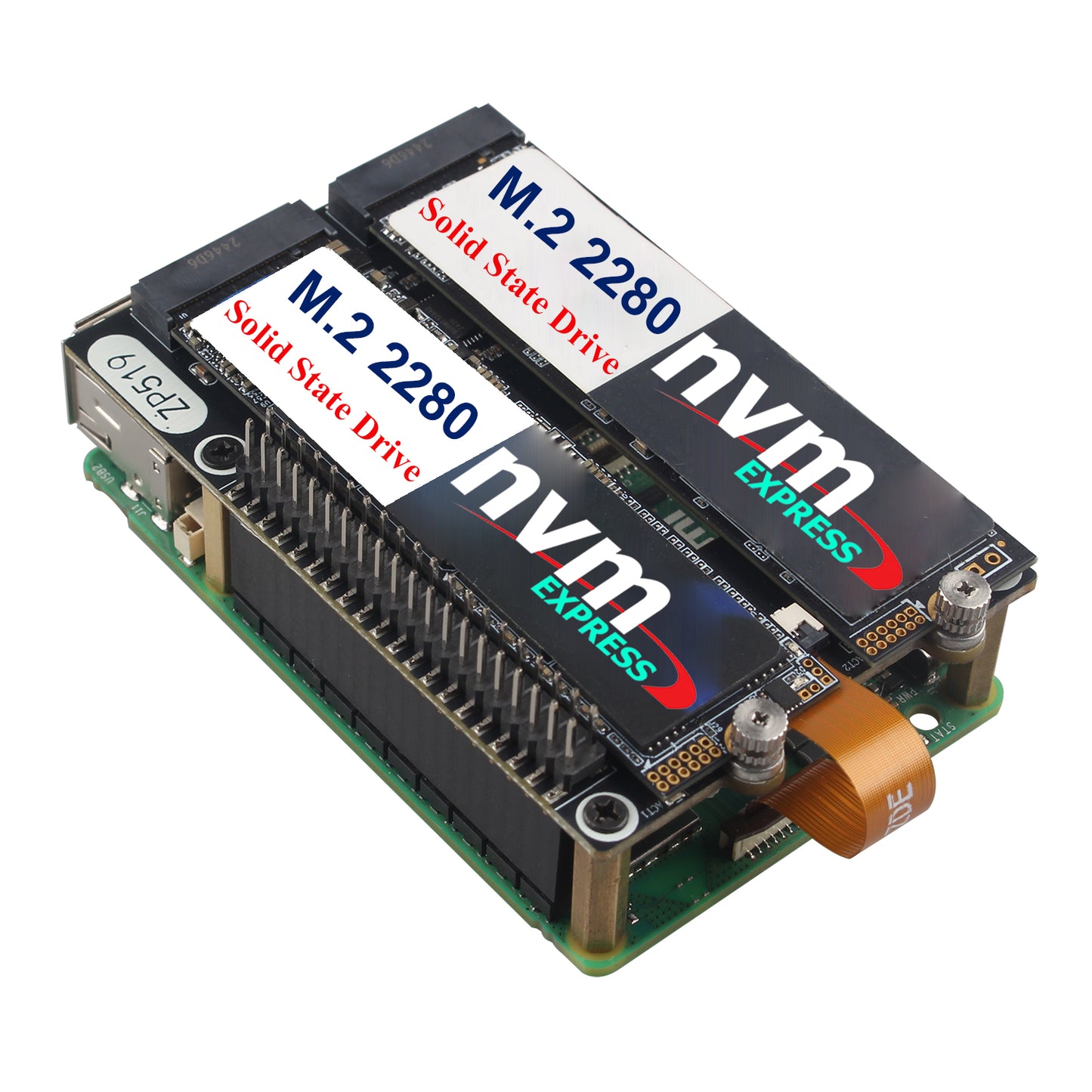 ZDE ZP519 PCIe to Dual M.2 HAT Key-M NVMe SSD PCIe Peripheral Board Solid State Drive Adapter Board for Raspberry Pi 5 Support M.2 NVMe SSD 2230 2242 2260 2280