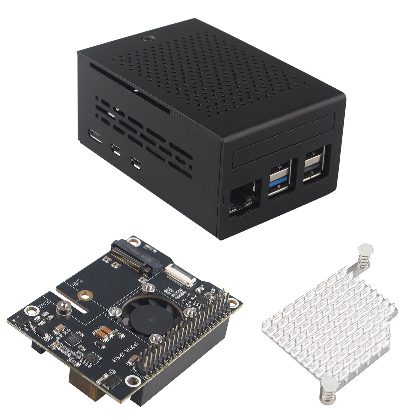 ZDE ZP583 PoE+ HAT PCIe to M.2 Key M NVMe SSD Adapter Board with Aluminum Case ZC501 and Aluminum Heatsink for Raspberry Pi 5 Support 802.3af/at Network Standard M.2 NVMe SSD 2230 2242