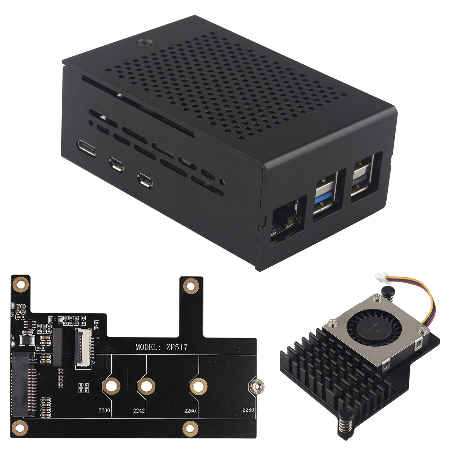 ZDE ZP517A PCIe to M.2 Key M NVMe SSD HAT with Aluminum Case ZC502 and Active Cooler ZP536 for Raspberry Pi 5 Support M.2 NVMe SSDs 2230 2242 2260 2280
