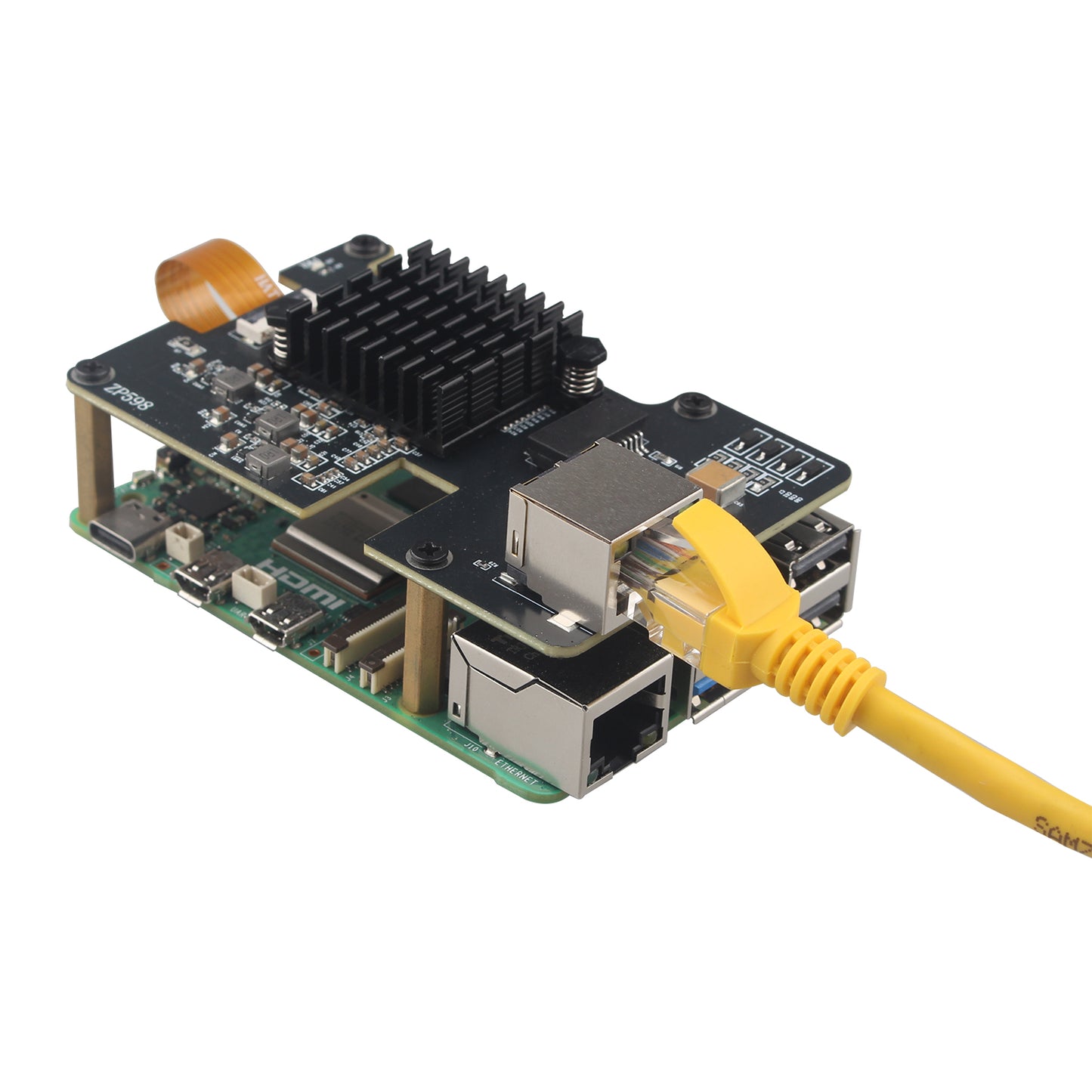 ZDE ZP598 PCIe to 5G Ethernet Network Port HAT Adapter Expansion Board 5GB 5GBE with Aluminum Heatsink for Raspberry Pi 5