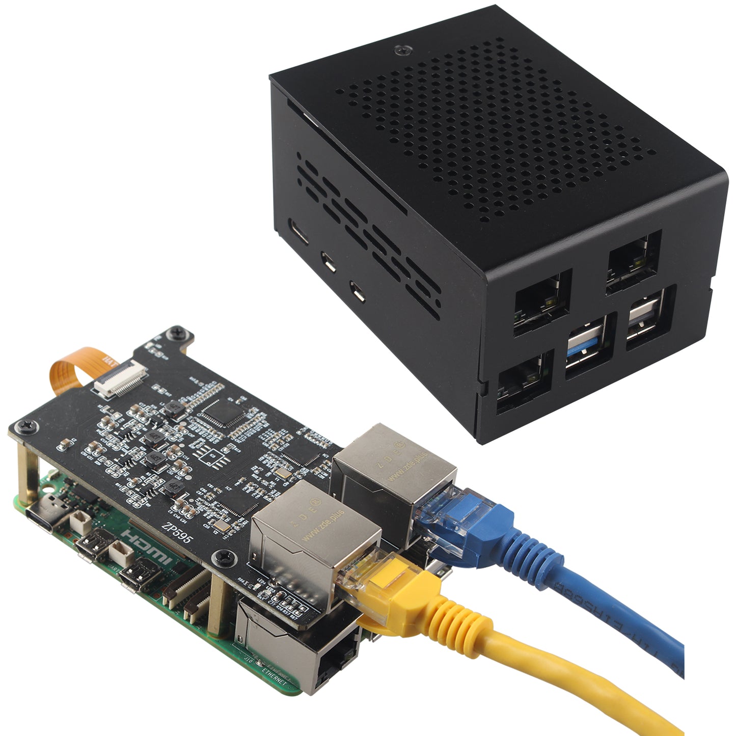 ZDE ZP595 PCIe to Dual 2.5G Ethernet Port HAT Expansion Board with ZC506 Aluminum Case for Raspberry Pi 5 2GB/4GB/8GB/16GB