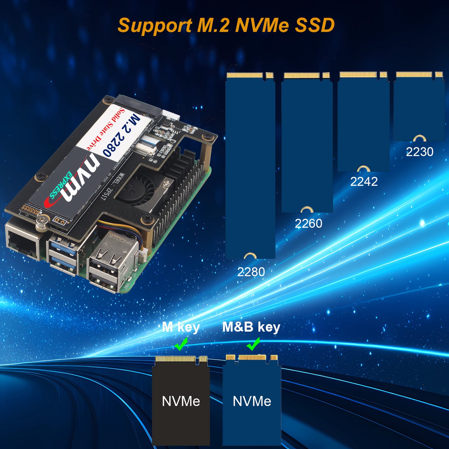 ZDE ZP517A PCIe to M.2 Key M NVMe SSD HAT with Aluminum Case ZC502 and Active Cooler ZP536 for Raspberry Pi 5 Support M.2 NVMe SSDs 2230 2242 2260 2280