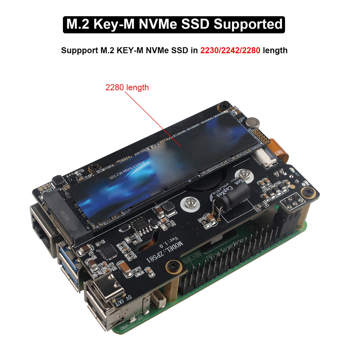 ZDE ZP581 PoE HAT PCIe to M.2 Key-M NVMe SSD Adapter Board with Onboard Cooling Fan