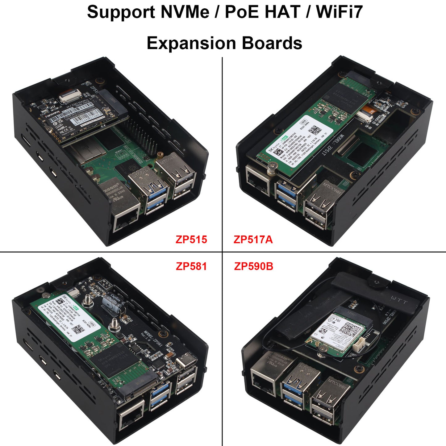 ZDE ZC502 Aluminum Case for Raspberry Pi 5 2GB/4GB/8GB/16GB Support PCIe to M.2 NVMe PoE HAT WiFi7 PCIe Peripheral Board ZP515/ZP516/ZP517A/ZP581/ZP582/ZP590B and Raspberry Pi 5 Active Cooler