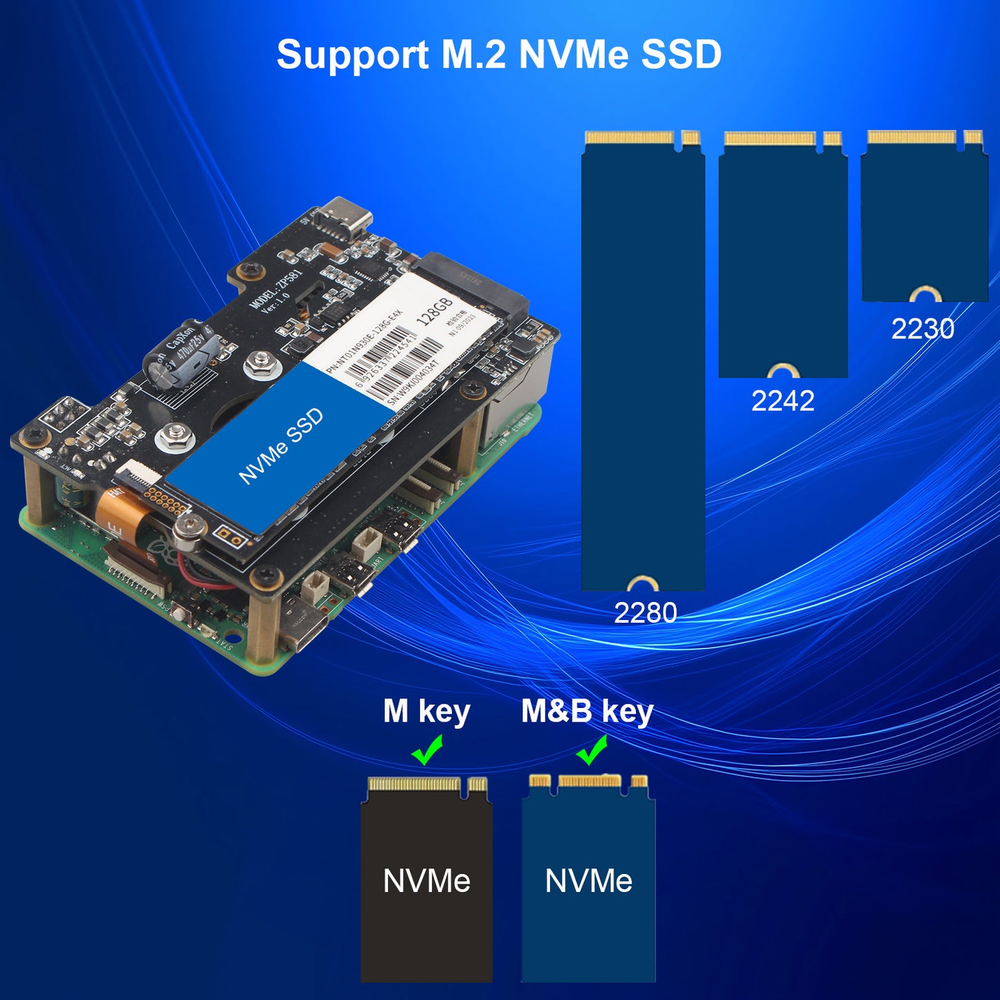 ZDE ZP581 PoE+ HAT PCIe to M.2 Key M NVMe SSD Adapter Board with Aluminum Case ZC501 for Raspberry Pi 5 Support 802.3af/at Network Standard M.2 NVMe SSD 2230 2242 2280
