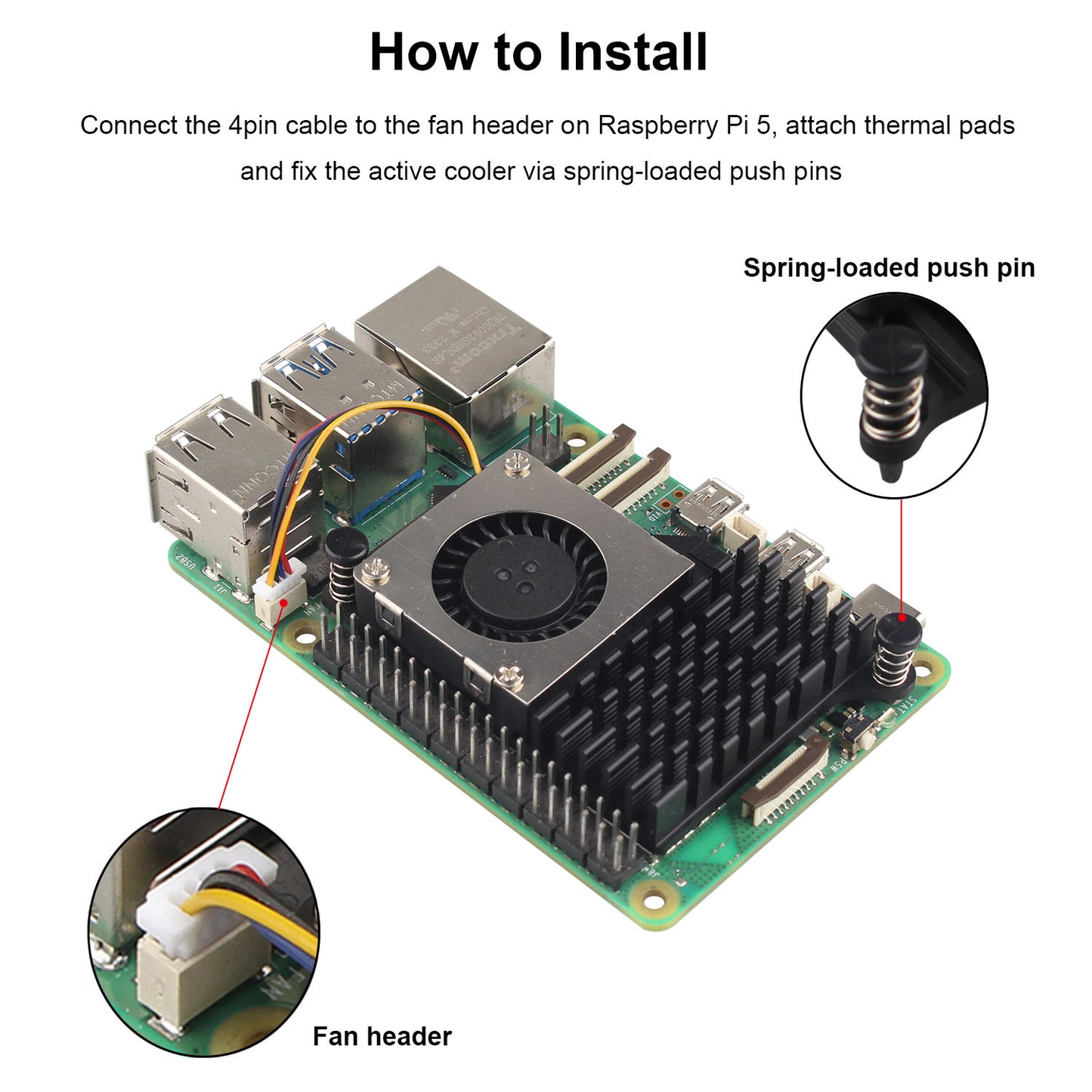 ZDE ZP536 Active Cooler for Raspberry Pi 5 Aluminum Heatsink Temperature-Controlled Blower PWM Cooling Fan with Thermal Pads for Raspberry Pi 5 2GB/4GB/8GB/16GB