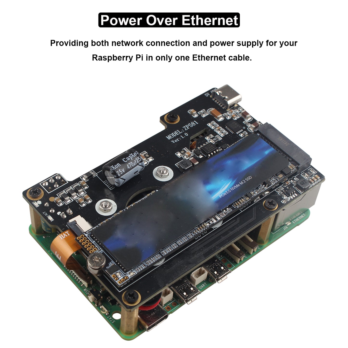 ZDE ZP581 PoE HAT PCIe to M.2 Key-M NVMe SSD Adapter Board with Onboard Cooling Fan