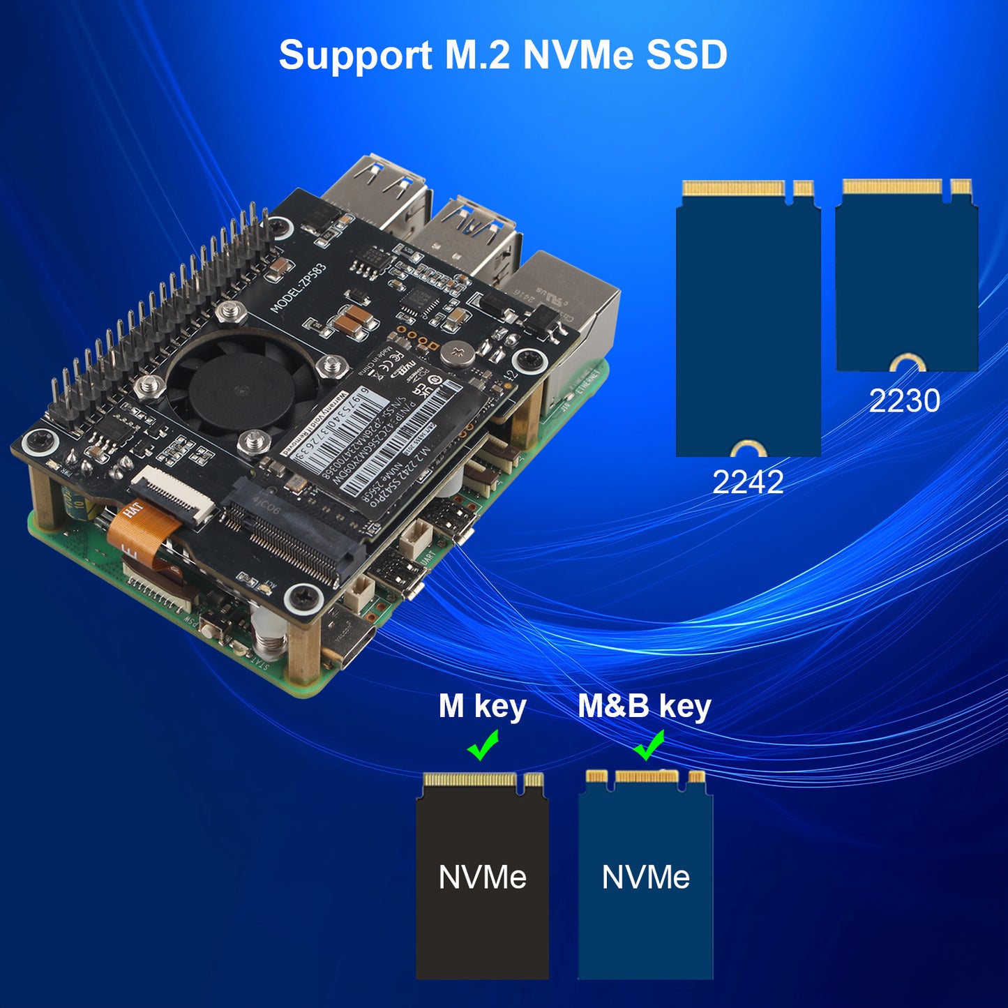 ZDE ZP583 PoE+ HAT PCIe to M.2 Key M NVMe SSD Adapter Board with Aluminum Case ZC501 and Aluminum Heatsink for Raspberry Pi 5 Support 802.3af/at Network Standard M.2 NVMe SSD 2230 2242