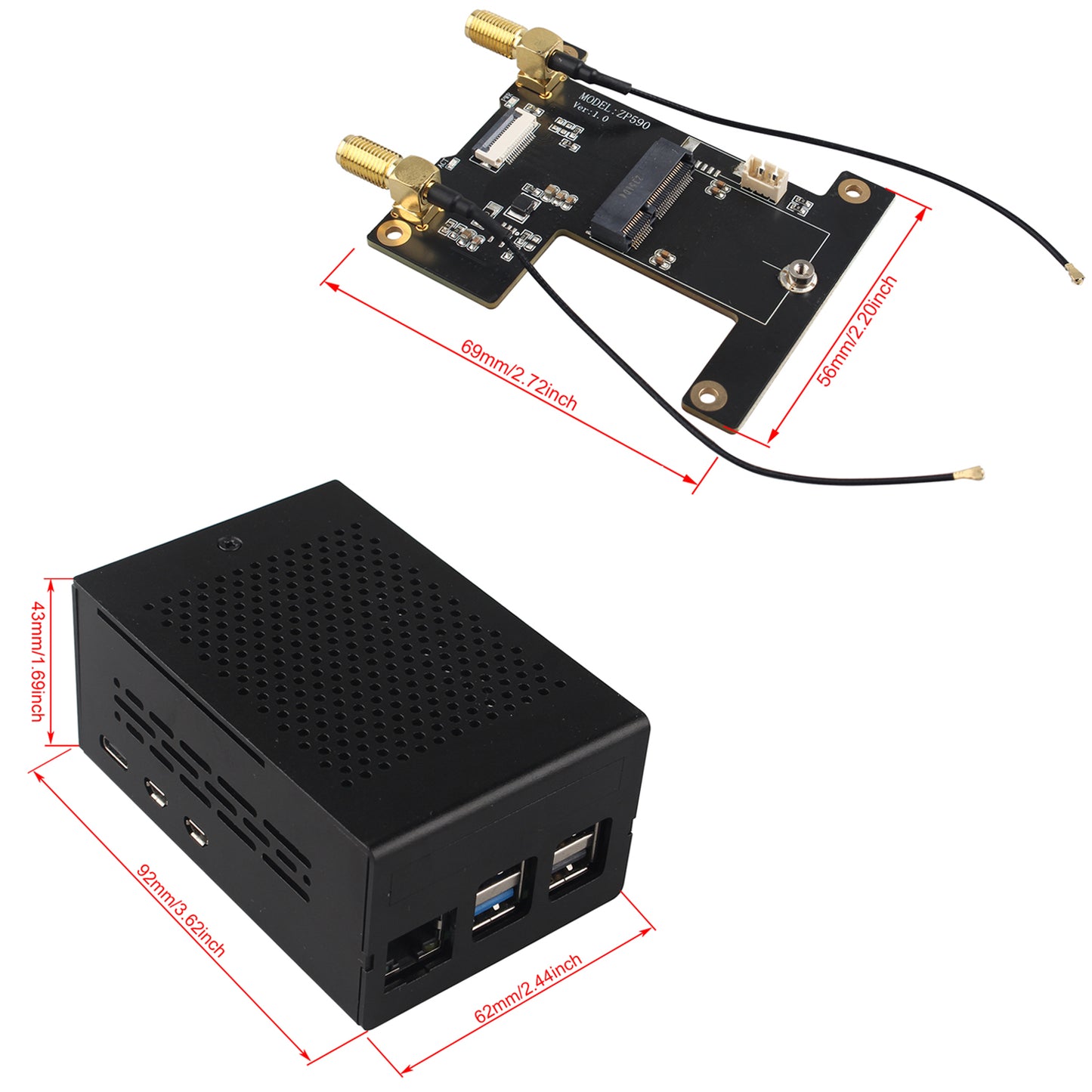 ZDE ZP590A PCIe to WiFi7 6 6E 5 HAT Expansion Board WiFi 7 Adapter with Aluminum Case ZC501 PCIe Peripheral Board for Raspberry Pi 5 2GB 4GB 8GB 16GB