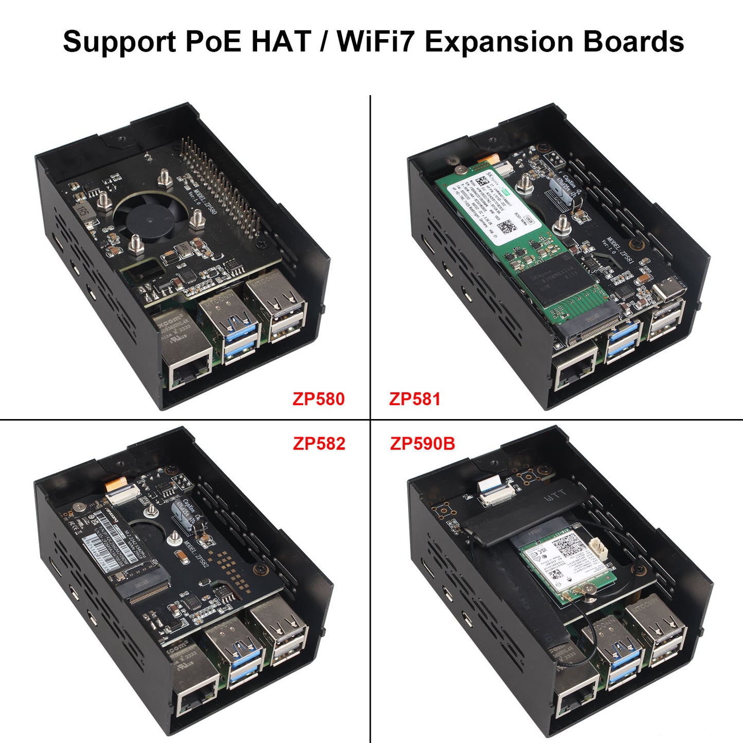 ZDE ZC501 Aluminum Case for Raspberry Pi 5 2GB/4GB/8GB/16GB Support PCIe to M.2 NVMe PoE HAT WiFi7 RS485 RS232 PCIe Peripheral Board ZP511/ZP517A/ZP581/ZP590A/ZP592 and Raspberry Pi 5 Active Cooler
