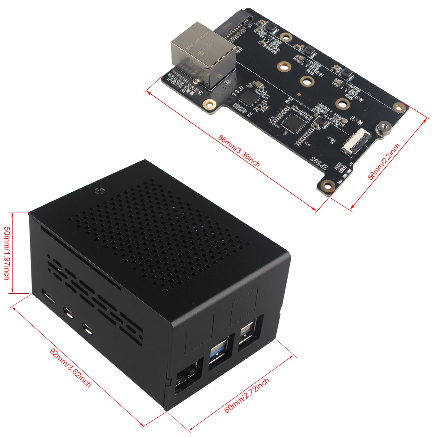 ZDE ZP593 PCIe to 2.5G Ethernet Port PCIe to M.2 Key-M NVMe SSD HAT Expansion Board with ZC506 Aluminum Case for Raspberry Pi 5 2GB/4GB/8GB/16GB
