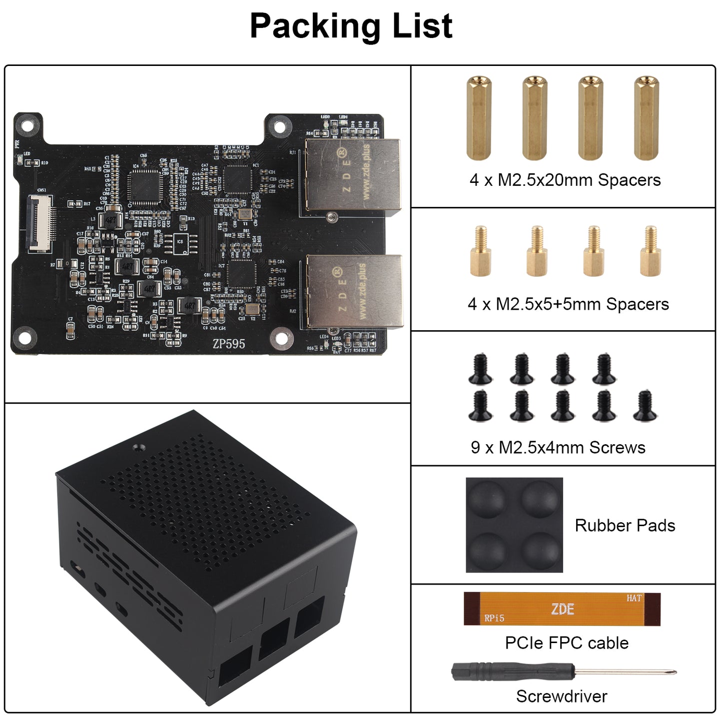 ZDE ZP595 PCIe to Dual 2.5G Ethernet Port HAT Expansion Board with ZC506 Aluminum Case for Raspberry Pi 5 2GB/4GB/8GB/16GB