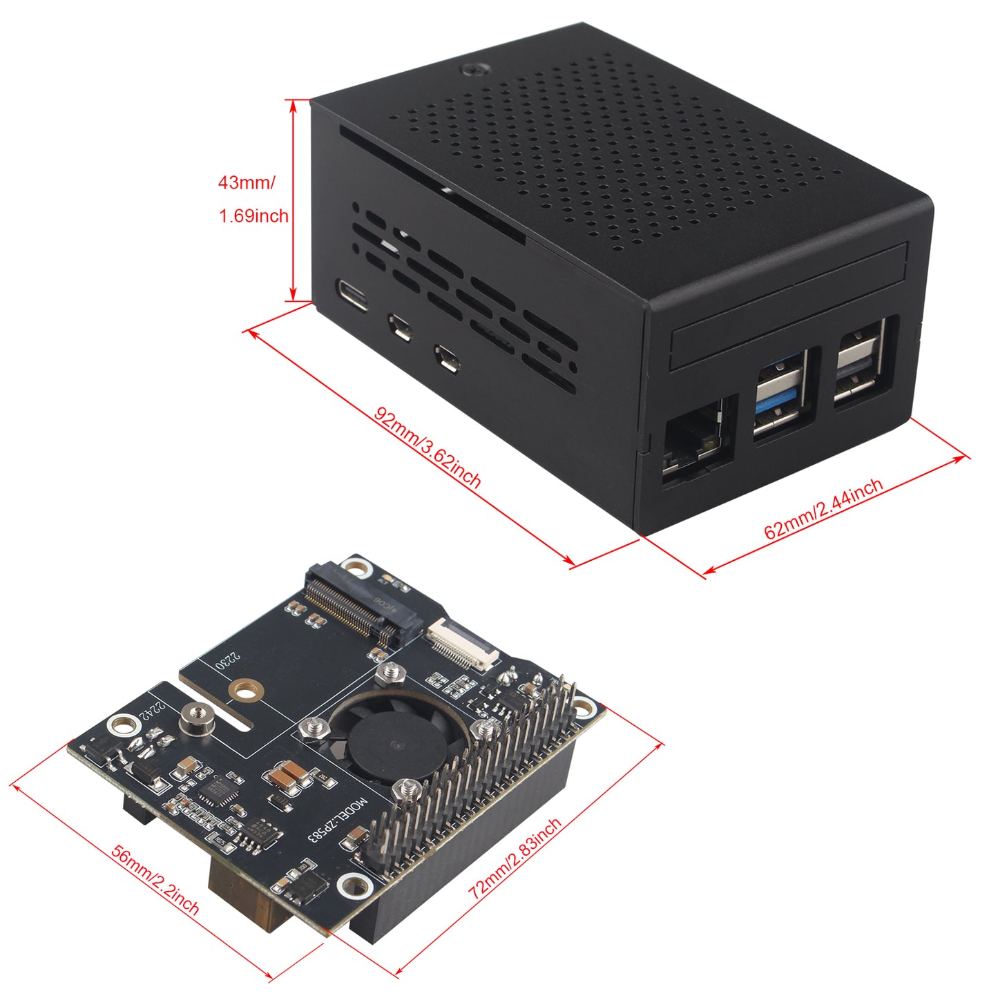 ZDE ZP583 PoE+ HAT PCIe to M.2 Key M NVMe SSD Adapter Board with Aluminum Case ZC501 and Aluminum Heatsink for Raspberry Pi 5 Support 802.3af/at Network Standard M.2 NVMe SSD 2230 2242