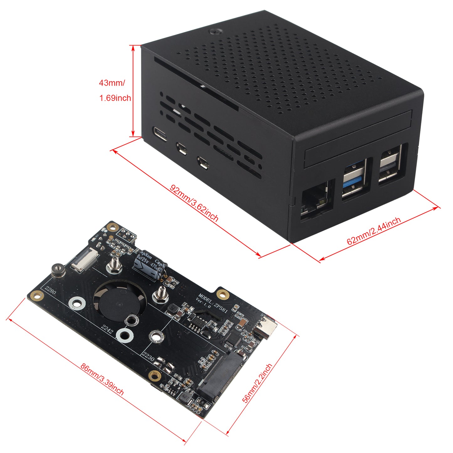 ZDE ZP581 PoE+ HAT PCIe to M.2 Key M NVMe SSD Adapter Board with Aluminum Case ZC501 for Raspberry Pi 5 Support 802.3af/at Network Standard M.2 NVMe SSD 2230 2242 2280