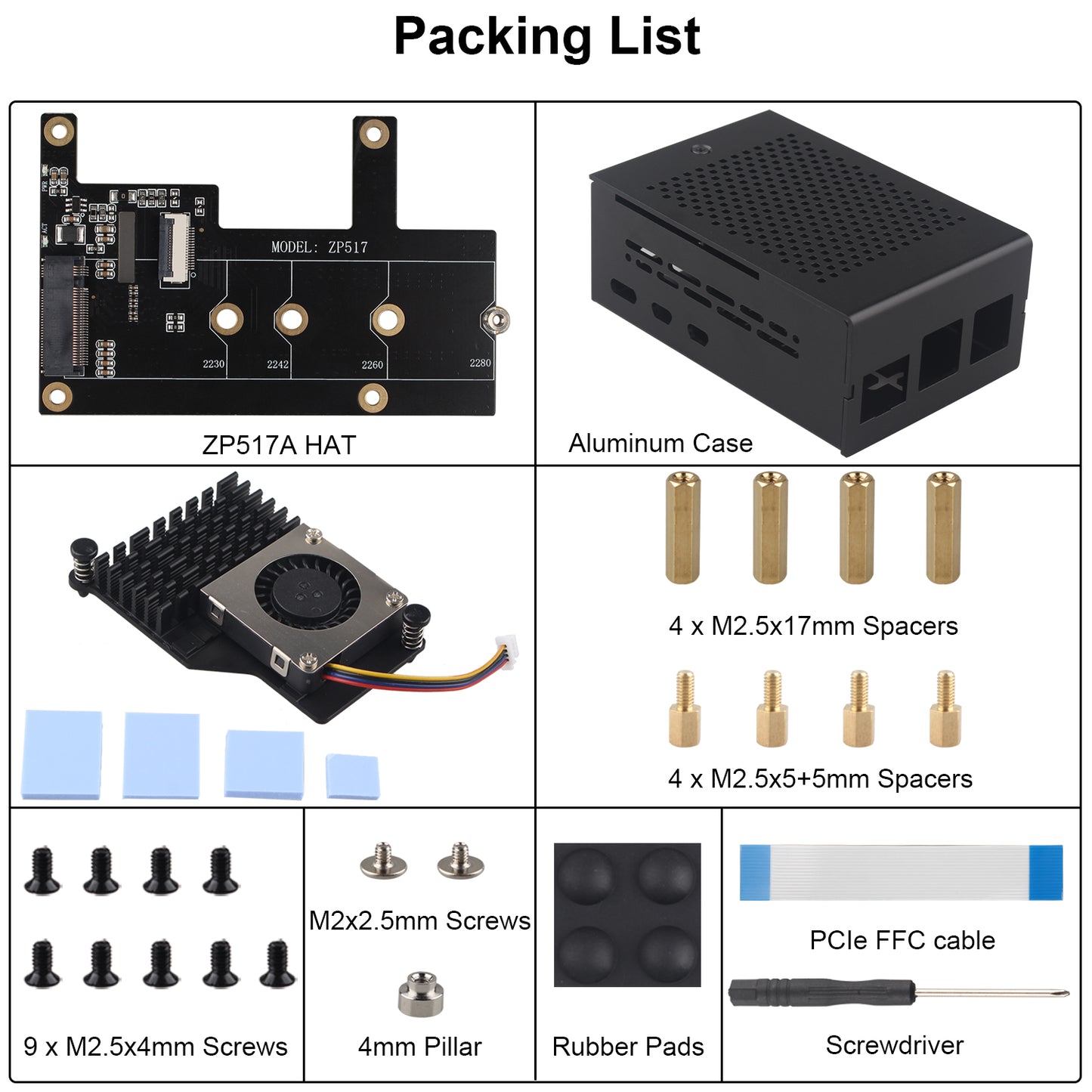 ZDE ZP517A PCIe to M.2 Key M NVMe SSD HAT with Aluminum Case ZC502 and Active Cooler ZP536 for Raspberry Pi 5 Support M.2 NVMe SSDs 2230 2242 2260 2280