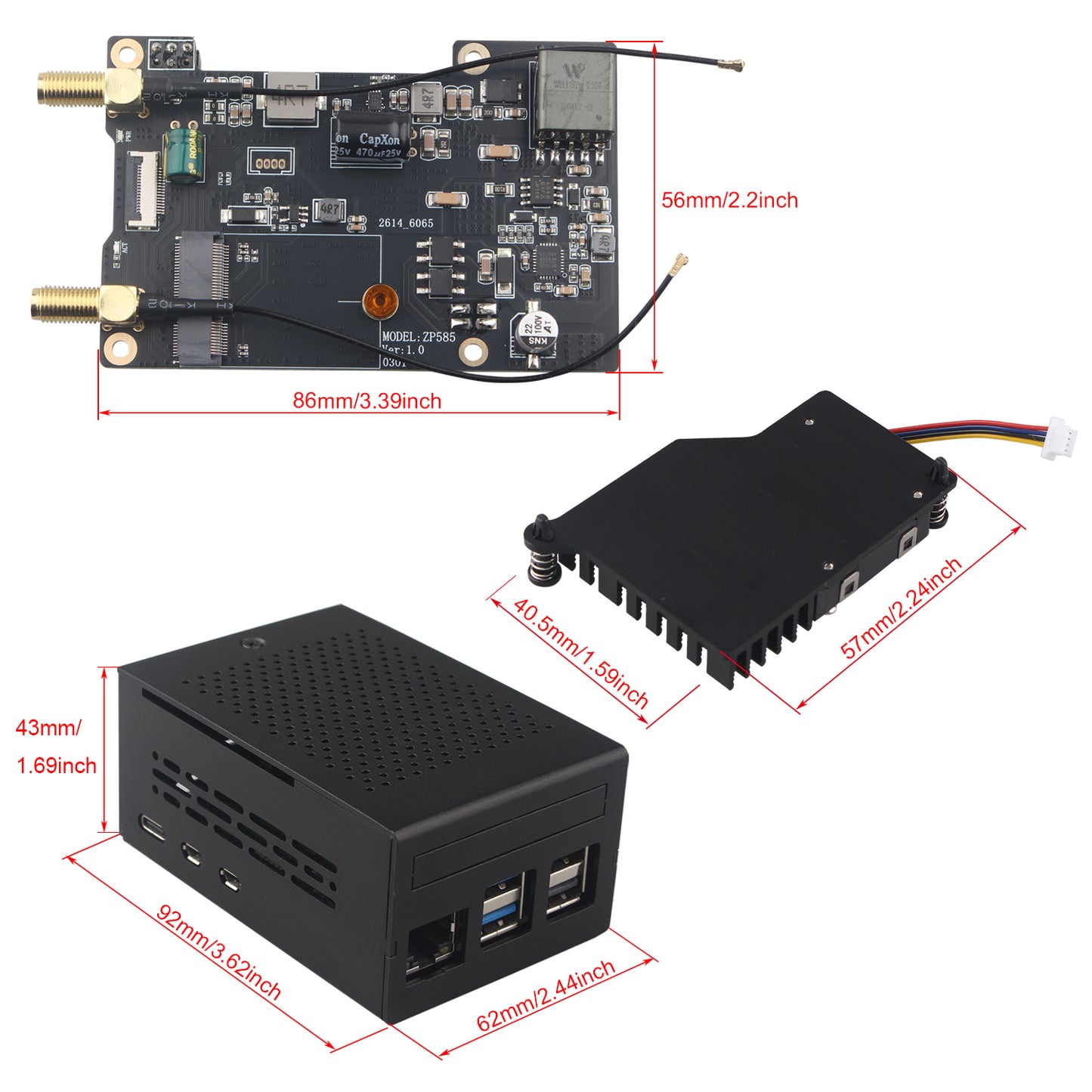 ZDE ZP585 PoE+ HAT PCIe to M.2 E Key WiFi7 6 6E 5 HAT Adapter with ZC501 Aluminum Alloy Case ZP536 Active Cooler for Raspberry Pi 5