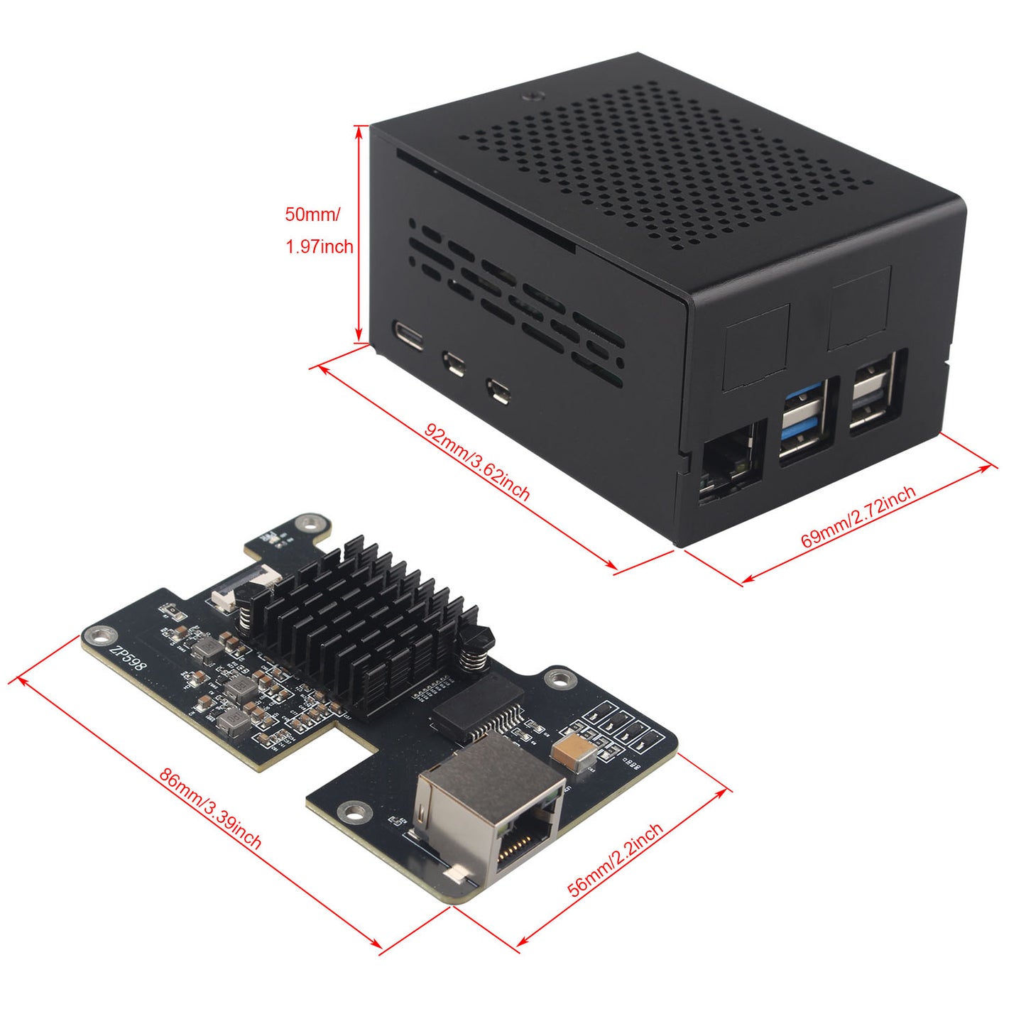 ZDE ZP598 PCIe to 5GbE Ethernet Network Port HAT Expansion Board 5G 5Gb 5Gbps with Aluminum Alloy Case ZC506 and Heatsink for Raspberry Pi 5