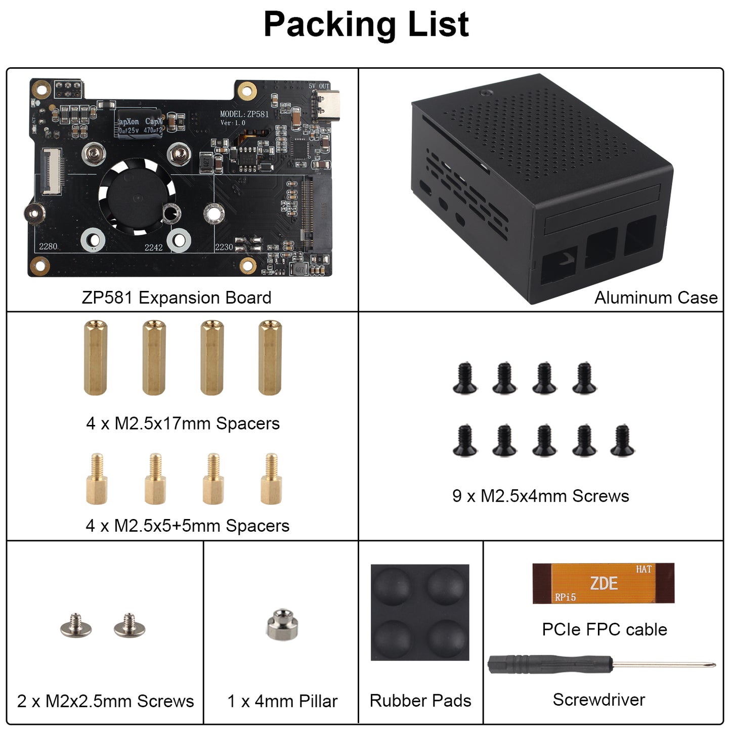 ZDE ZP581 PoE+ HAT PCIe to M.2 Key M NVMe SSD Adapter Board with Aluminum Case ZC501 for Raspberry Pi 5 Support 802.3af/at Network Standard M.2 NVMe SSD 2230 2242 2280