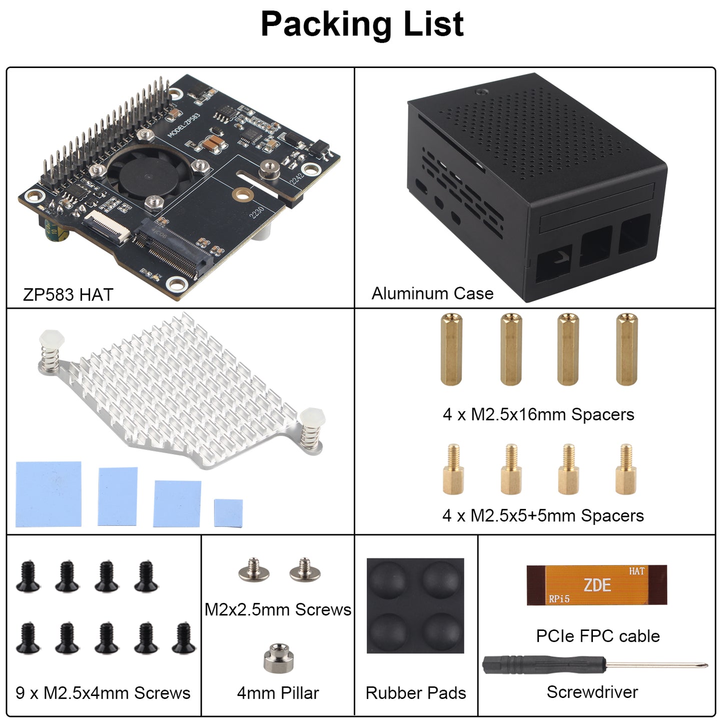 ZDE ZP583 PoE+ HAT PCIe to M.2 Key M NVMe SSD Adapter Board with Aluminum Case ZC501 and Aluminum Heatsink for Raspberry Pi 5 Support 802.3af/at Network Standard M.2 NVMe SSD 2230 2242