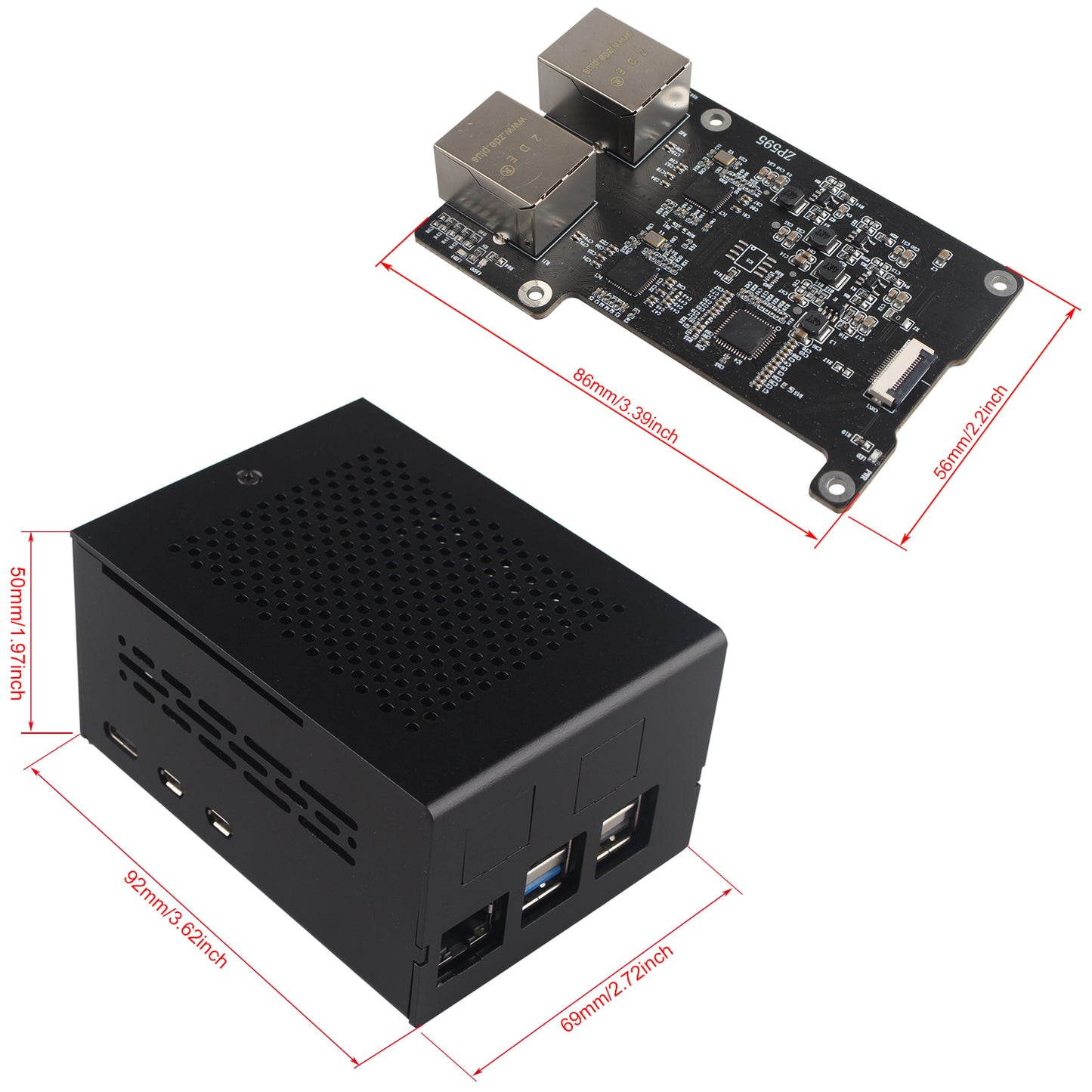 ZDE ZP595 PCIe to Dual 2.5G Ethernet Port HAT Expansion Board with ZC506 Aluminum Case for Raspberry Pi 5 2GB/4GB/8GB/16GB