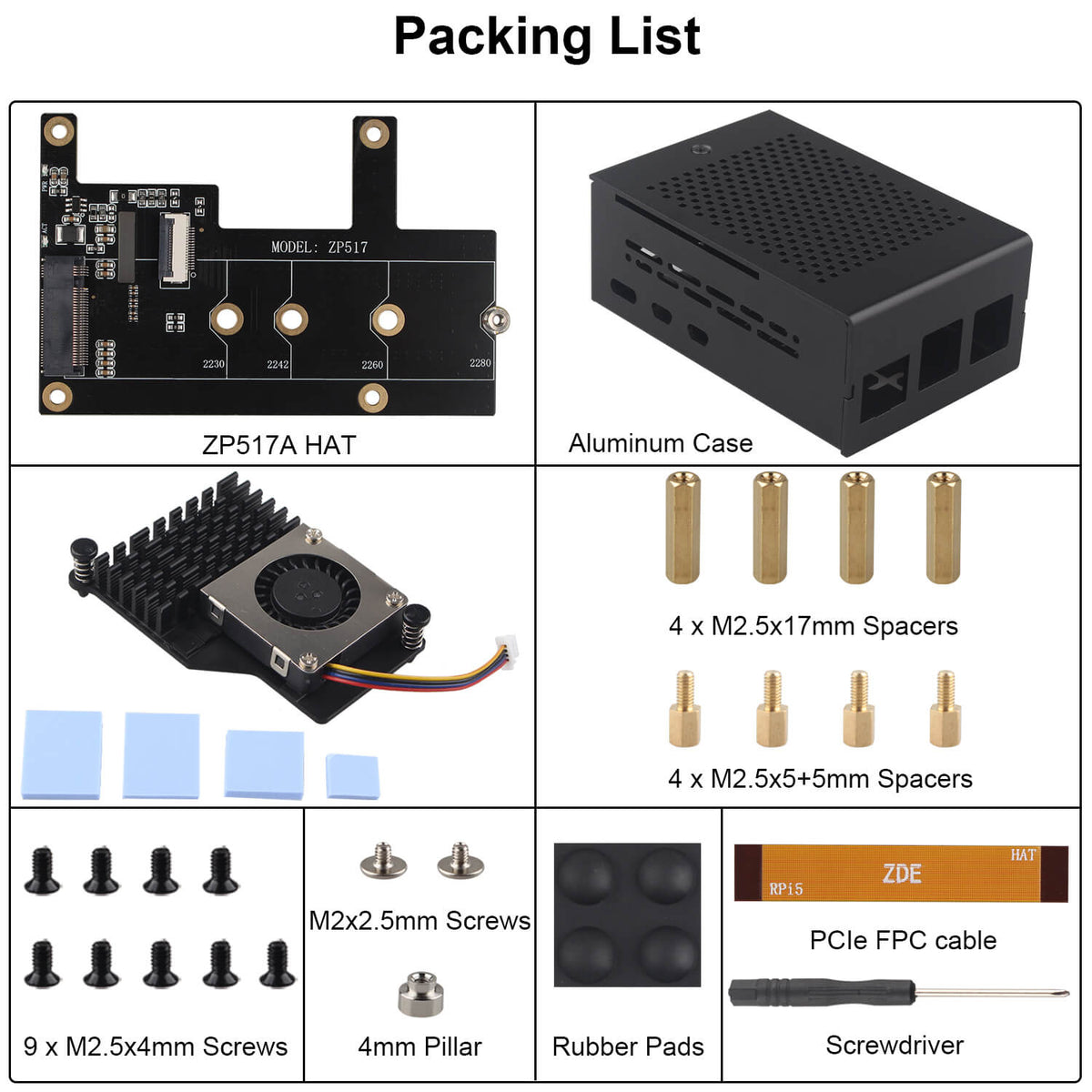 ZDE ZP517A PCIe to M.2 Key M NVMe SSD HAT with Aluminum Case ZC502 and Active Cooler ZP536 for Raspberry Pi 5