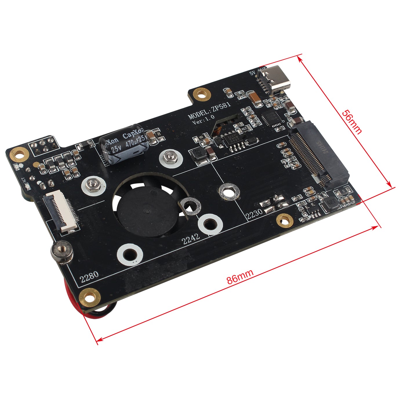 ZDE ZP581 PoE+ HAT PCIe to M.2 Key M NVMe SSD Adapter Board Power Over Ethernet with Onboard Cooling Fan for Raspberry Pi 5 Support 802.3af/at Network Standard M.2 NVMe SSD 2230 2242 2280