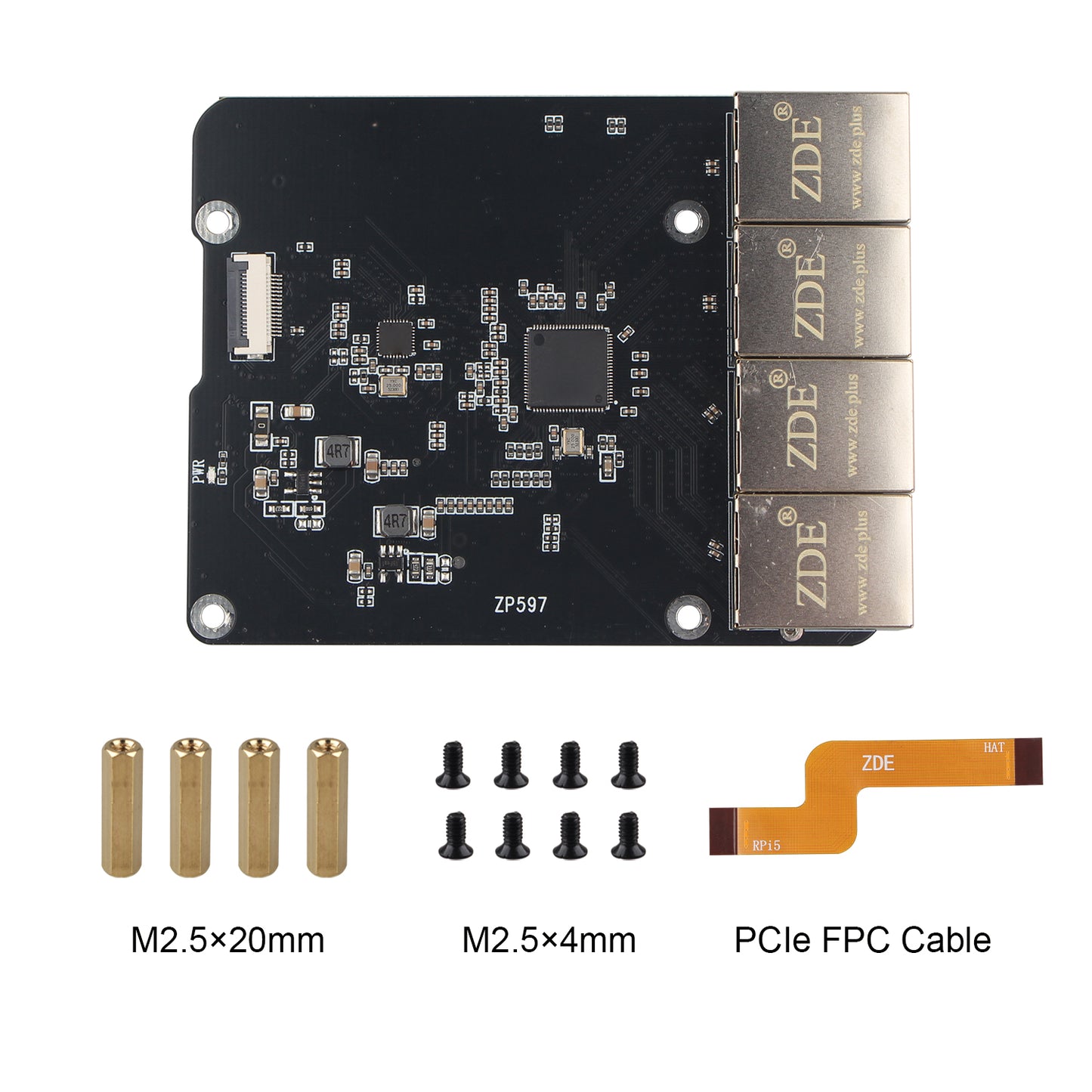 ZDE ZP597 PCIe to 4 Ports 1G Gigabit 1000M Ethernet Network HAT Adapter Expansion Board for Raspberry Pi 5