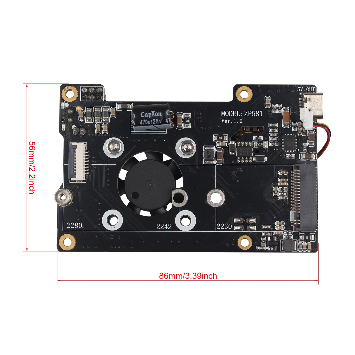 ZDE ZP581C PoE+ HAT PCIe to M.2 Key M NVMe SSD Adapter Board Power Over Ethernet with PWM Cooling Fan Aluminum Alloy Heatsink for Raspberry Pi 5