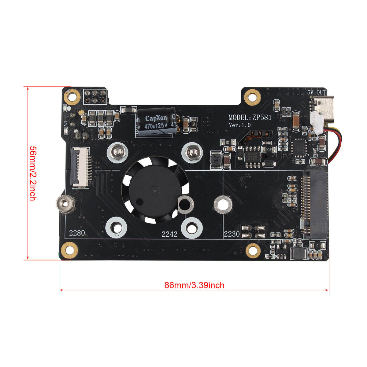 ZDE ZP581C PoE+ HAT PCIe to M.2 Key M NVMe SSD Adapter Board with PWM Cooling Fan Aluminum Alloy Heatsink Power Over Ethernet for Raspberry Pi 5
