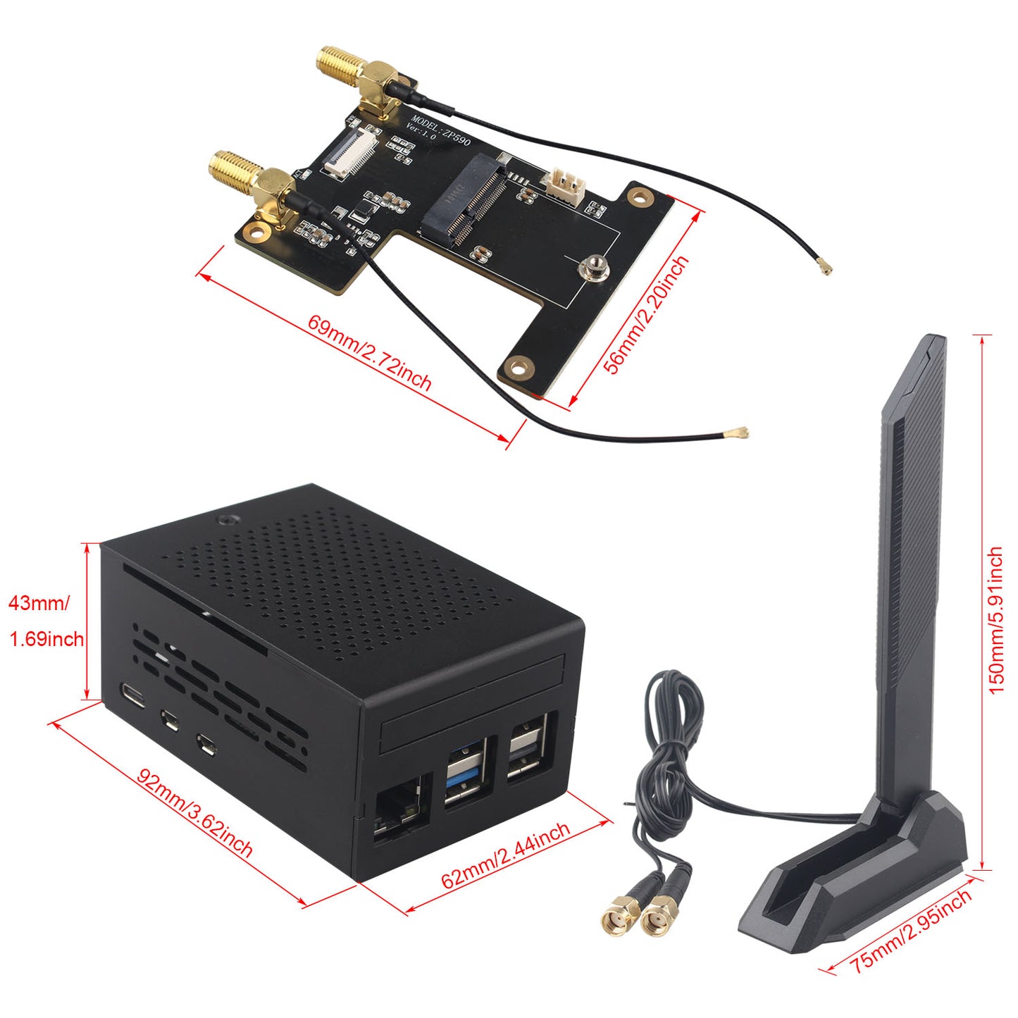 ZDE ZP590C PCIe to WiFi7 6 6E 5 HAT Expansion Board WiFi 7 Adapter with Aluminum Alloy Case ZC501 for Raspberry Pi 5
