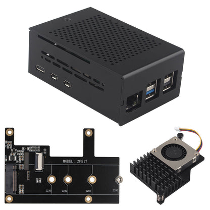 ZDE ZP517A PCIe to M.2 Key M NVMe SSD HAT with Aluminum Case ZC502 and Active Cooler ZP536 for Raspberry Pi 5