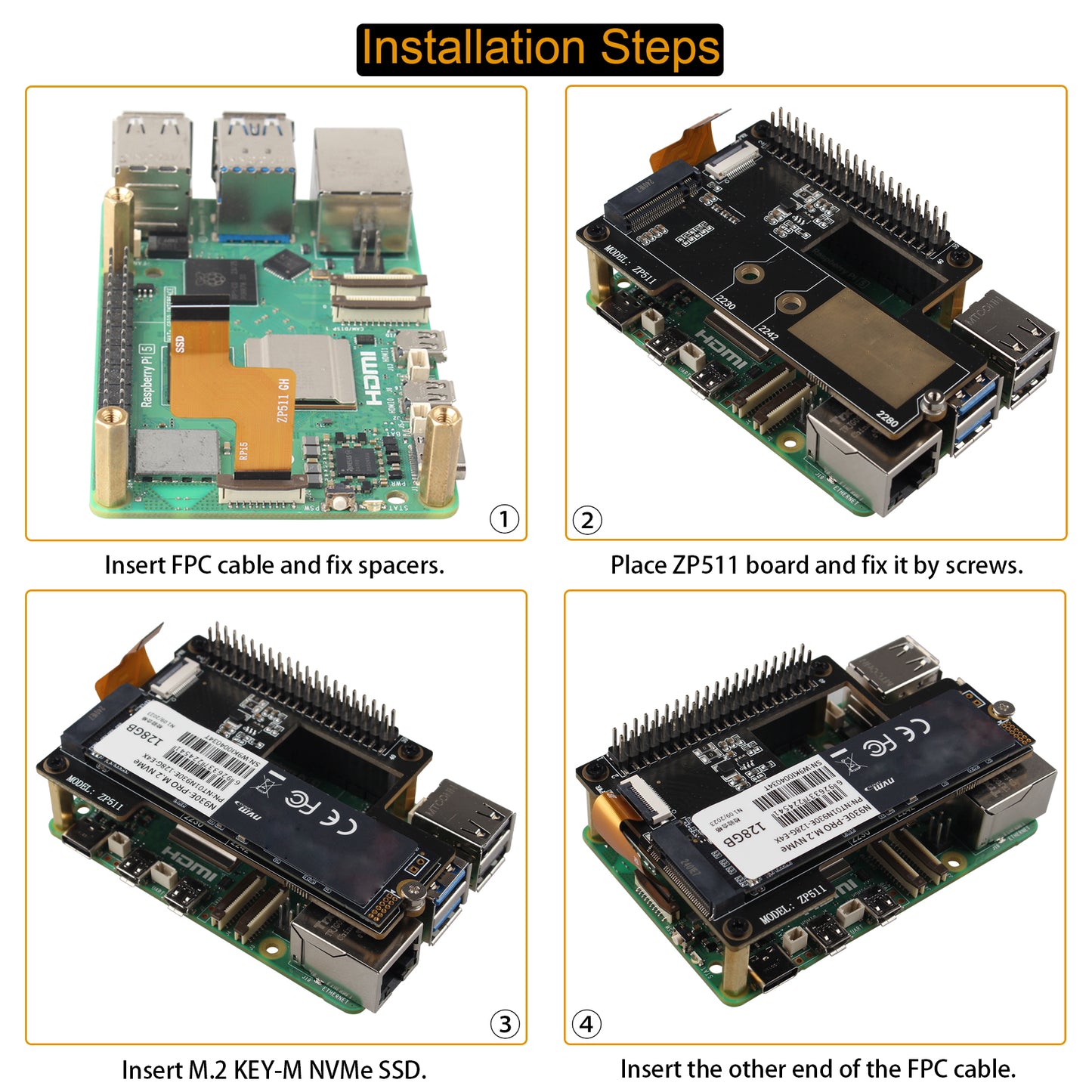 ZDE ZP511 PCIe to M.2 Key M NVMe HAT SSD Hard Drive Adapter Board PIP PCIe Peripheral Board for Raspberry Pi 5 Support M.2 SSD 2230 2242 2280