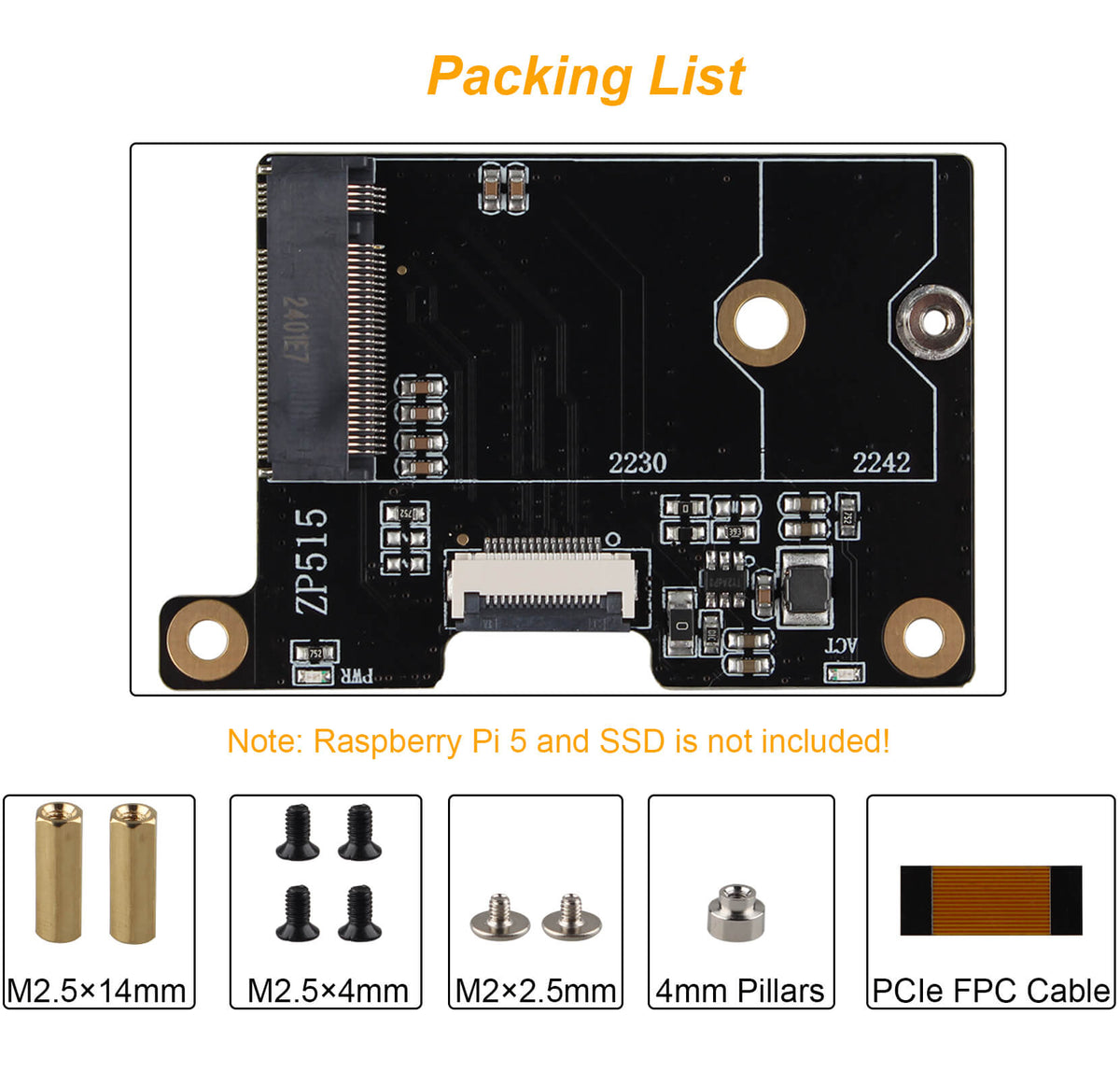 ZDE ZP515 PCIe to M.2 Key M NVMe HAT SSD Expansion Board for Raspberry Pi 5