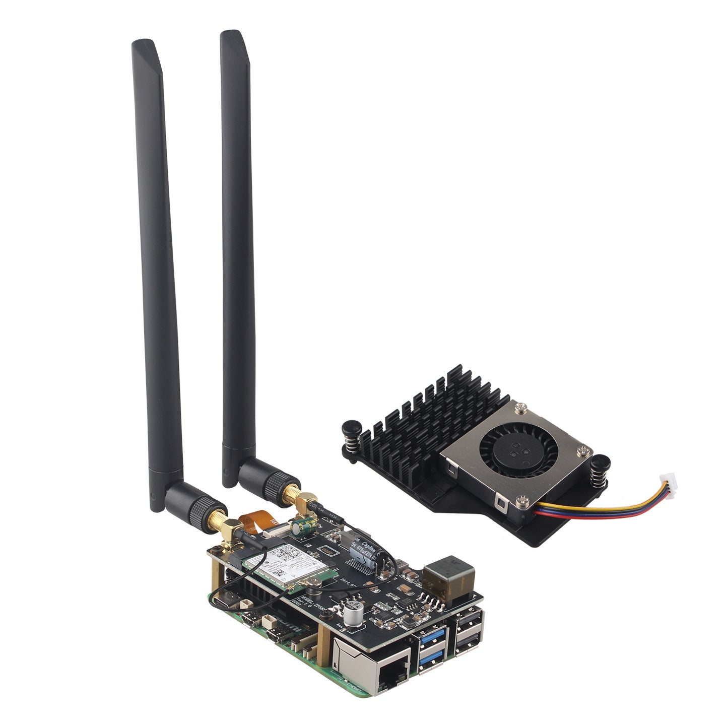 ZDE ZP585 PoE+ HAT PCIe to M.2 E Key WiFi7 6 6E 5 HAT Adapter Power Over Ethernet with ZP536 Active Cooler for Raspberry Pi 5