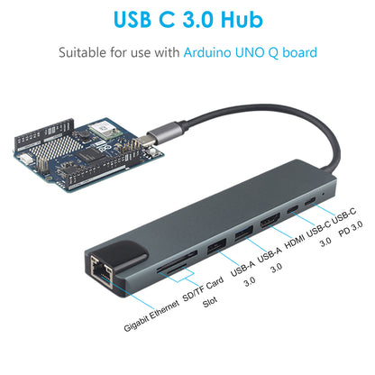 ZDE ZQ101 USB C 3.0 Hub for Arduino UNO Q 1 Gbps Ethernet 8 in 1 Expansion Docking Station, 4K HDMI, 100W PD, 2 USB-A, 1 USB-C, SD/TF Card Reader, Multiport Adapter for Development Boards Laptops PC