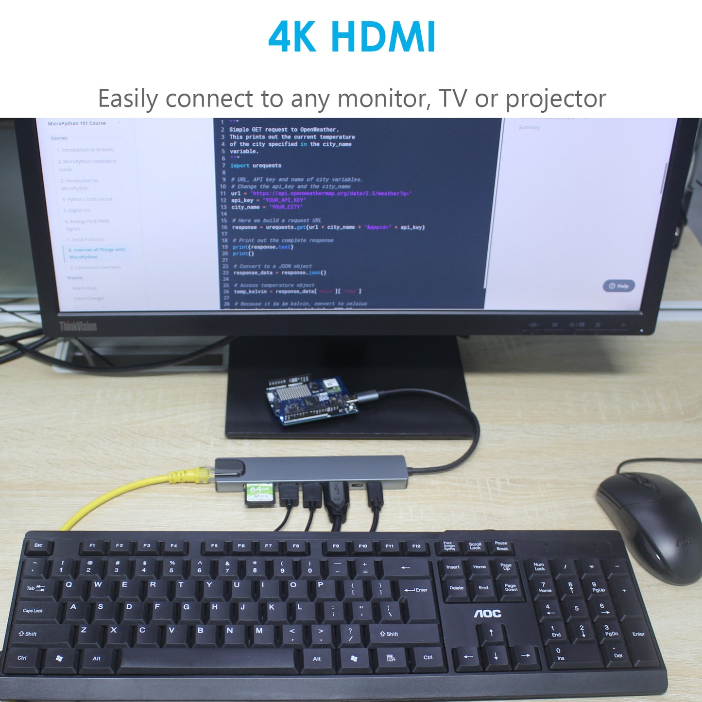 ZDE ZQ100 USB C HUB for Arduino UNO Q 8 in 1 Expansion Docking Station Kit 4K HDMI, 100W PD, 2 USB-A, Ethernet, SD/TF Card Reader, Multiport Adapter for Development Boards Laptops PC MacBook Pro/Air