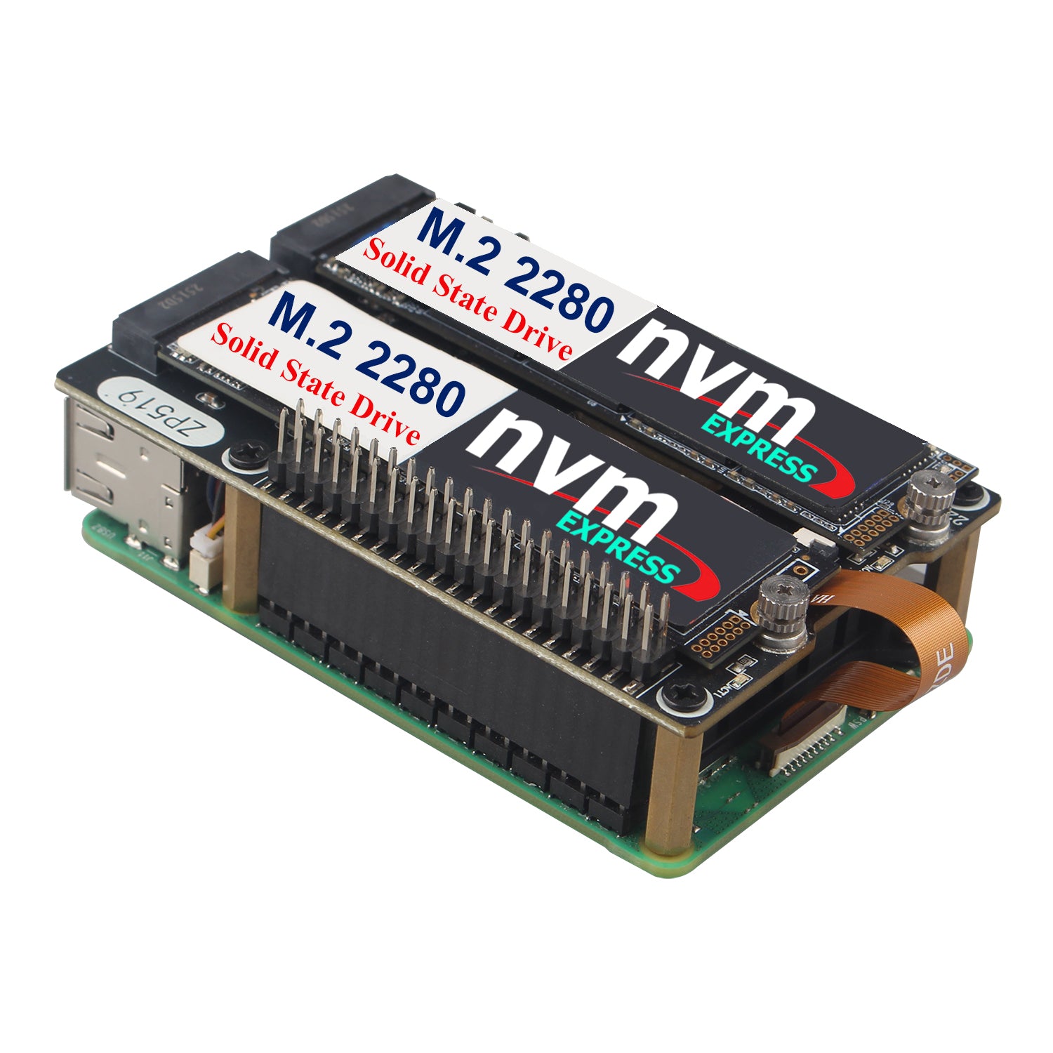 ZDE ZP519 PCIe to Dual M.2 HAT Key-M NVMe SSD PCIe Peripheral Board fo