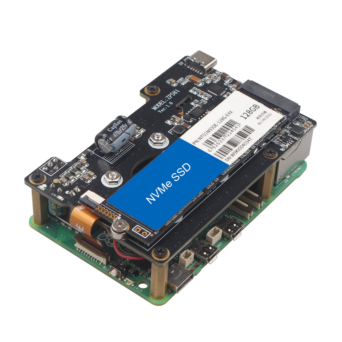 ZDE ZP581 PoE+ HAT PCIe to M.2 Key M NVMe SSD Adapter Board Power Over Ethernet with Onboard Cooling Fan for Raspberry Pi 5 Support 802.3af/at Network Standard M.2 NVMe SSD 2230 2242 2280