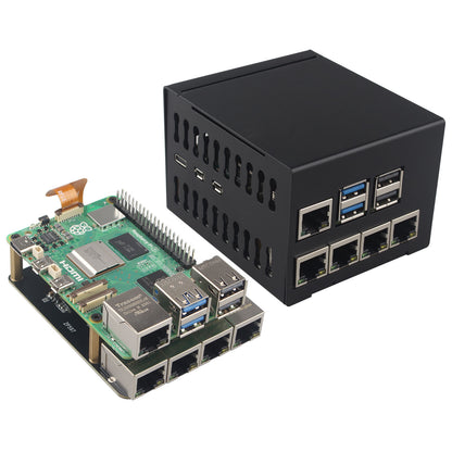 ZDE ZP597 PCIe to 4 Ports 1G Gigabit 1000M Ethernet Network HAT Adapter Expansion Board 1GB 1GBE with Metal Case for Raspberry Pi 5