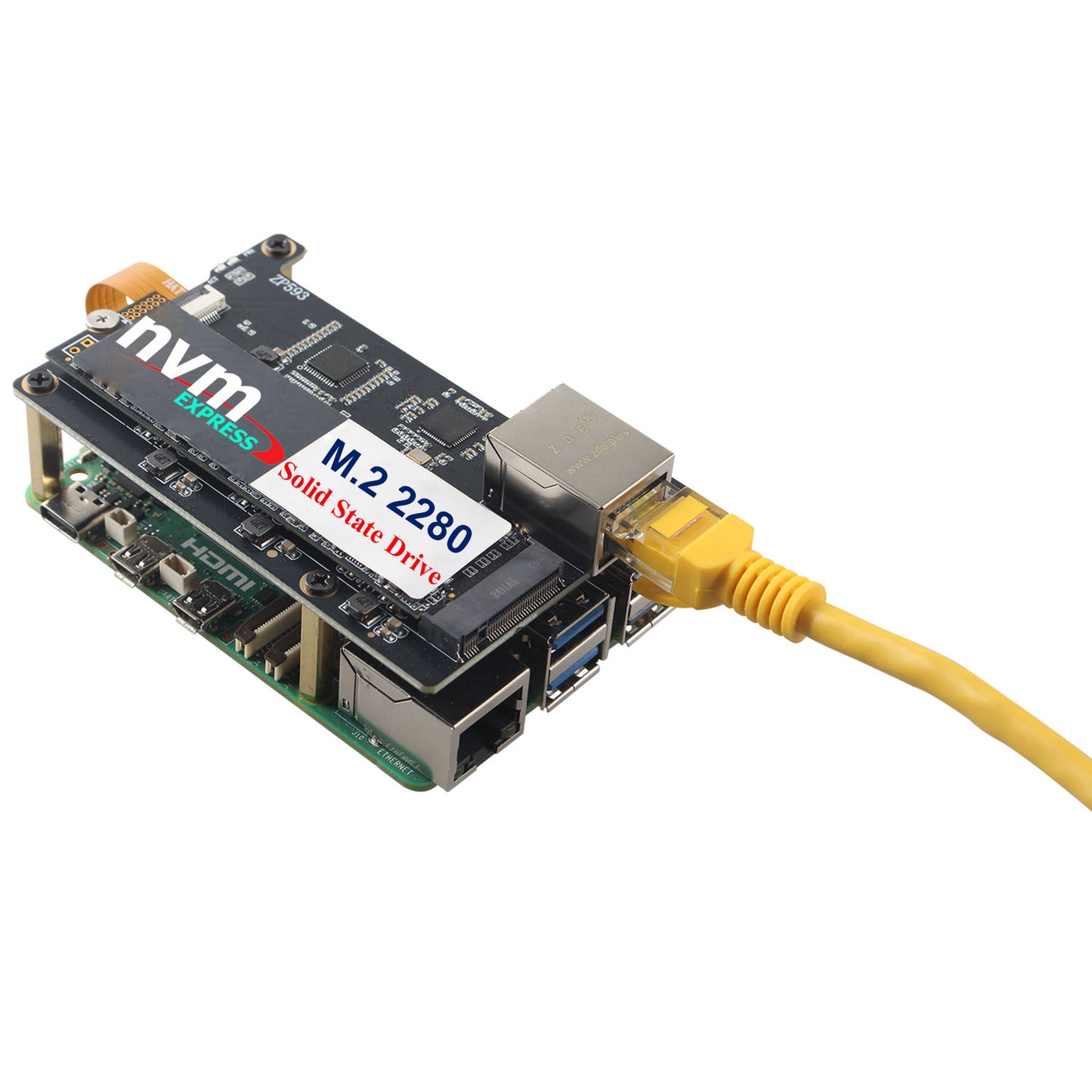 ZDE ZP593 PCIe to 2.5G Ethernet Network Port PCIe to M.2 Key M NVMe SSD HAT Adapter Expansion Board for Raspberry Pi 5 Support M.2 NVMe 2230 2242 2260 2280 SSD