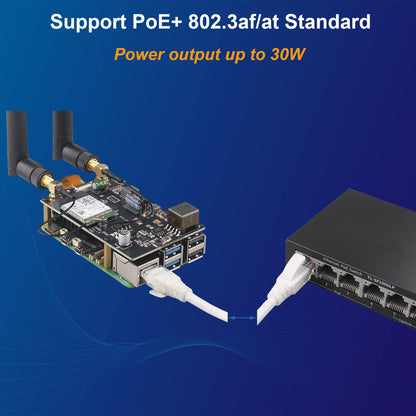 ZDE ZP585 PoE+ HAT PCIe to M.2 E Key WiFi7 6 6E 5 HAT Adapter Power Over Ethernet with ZP536 Active Cooler for Raspberry Pi 5