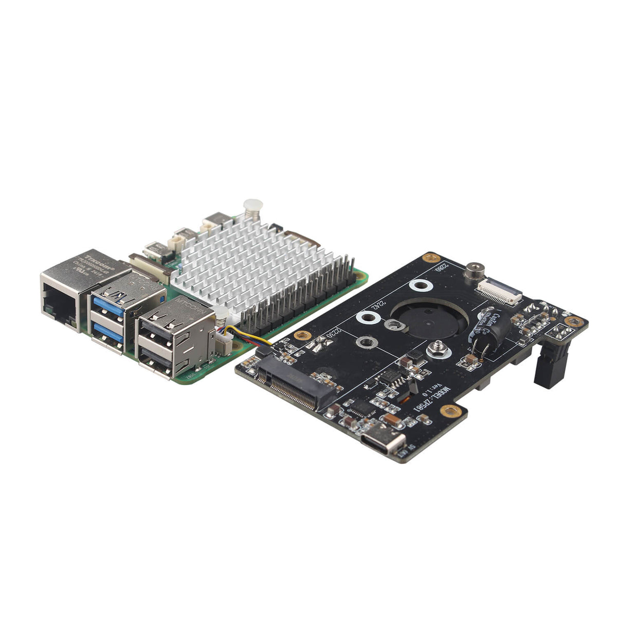ZDE ZP581C PoE+ HAT PCIe to M.2 Key M NVMe SSD Adapter Board with PWM Cooling Fan Aluminum Alloy Heatsink Power Over Ethernet for Raspberry Pi 5