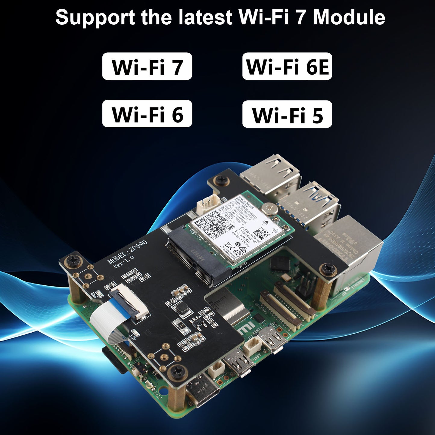 ZDE ZP590B PCIe to M.2 E Key HAT PCIE to WiFi7 6 6E 5 Module Adapter Expansion Board for Raspberry Pi 5 WiFi Adapter Board Support Google TPU WiFi 7 BE200 WIFI6E AX210 MT7922 WIFI6 AX200